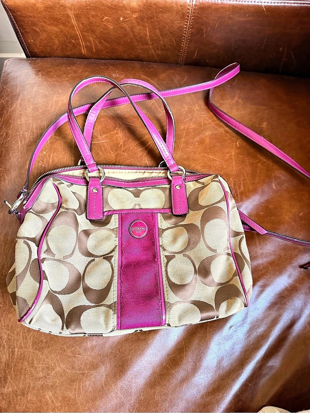 Coach Signature Stripe Satchel Shoulder Bag in Brown & Pink